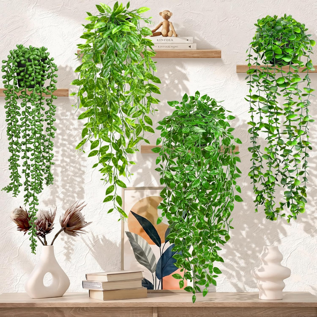 4 Pack Faux Artificial Hanging Plants, UV Resistant Fake Potted Greenery with Eucalyptus Vine, Mandala, Pea Pod Leaves & String of Pearls in Pots for Living Room Bathroom Indoor Outdoor Décor