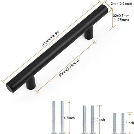 30 Pack Hole Centers 3-3/4Inch Matte Black Kitchen Cabinet Handles, Stainless Steel Dresser Drawer Pulls, Modern T Bar 6Inch Length Pull Handle for Closet