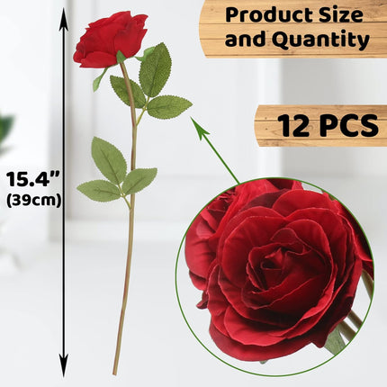 Artificial Roses Flowers for Flower Arrangement, 12 Pcs Silk Red Rose Bouquet for Home Decoration, Faux Roses for Parties and Wedding Decoration (Red, 12)
