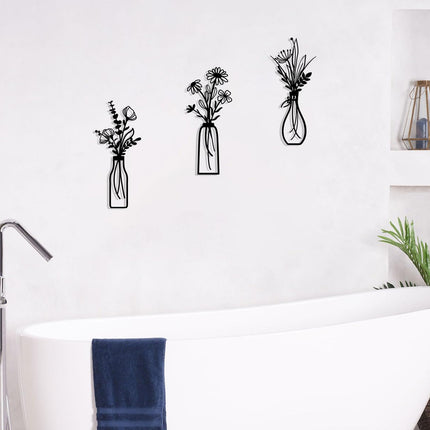 3 Pieces Metal Flowers Wall Arts - Rustic Farmhouse Decor Black Minimalist Flower Wall Decors for Living Room Bathroom Bedroom Dining Room - Housewarming Gifts(Black, Vase-C)