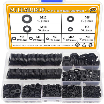 Nylon Flat Washer Assortment Set 600 Pieces, 9 Sizes - M2 M2.5 M3 M4 M5 M6 M8 M10 M12, Black