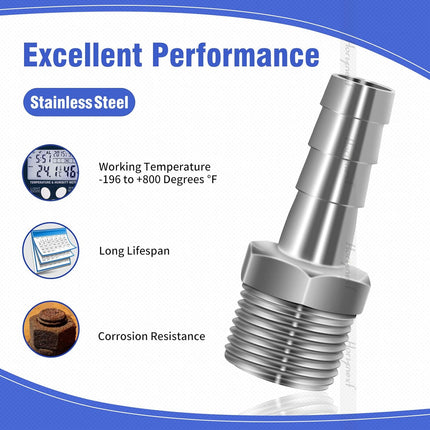 304 Stainless Steel 1/2" Barb Hose to 1/2 NPT Home Brew Pipe Barbed Nipple Fitting. Pack of 4