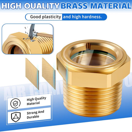 3/4 NPT Air Compressor Oil Sight Glass, Male Hex Head Compresssor Oil Sight Glass, Heavy Duty Solid Brass Oil Sight Glass Liquid Level Gauge Oil Indicator Window for Air Compressor Gearbox Tank