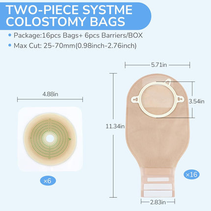 22Pcs Ostomy Supplies Colostomy Bags, 2-Piece Colostomy Bags, Two-Piece Drainable Pouches with Closure for Ileostomy Stoma Care, Cut-To-Fit, 70Mm Max (16 X Ostomy Bags+ 6 X Skin Barrier）