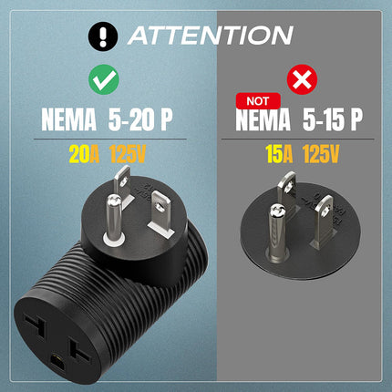 Angled 4 in 1 NEMA 5-20P Power Adapter,  NEMA 5-20P to 5-15R, 5-20R, 6-15R, 6-20R Double T-Blade Receptacle, Downward Angled Power Adapter
