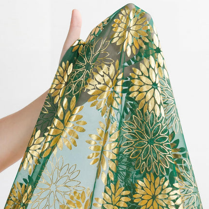 Green Gold Dahlia Flower Gauze Table Runner 120 Inch 10FT, Glitter Metallic Foil Seasonal Sheer Dining Holiday Table Decor for Home Party