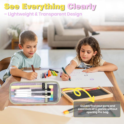 Grid Mesh Pencil Case, Large Compartment Pen Pouch with Zipper, Clear Portable Multifunction Pen Bag for School, Office, Girls Boys Teen, Transparent Makeup Travel Organizer (Yellow)