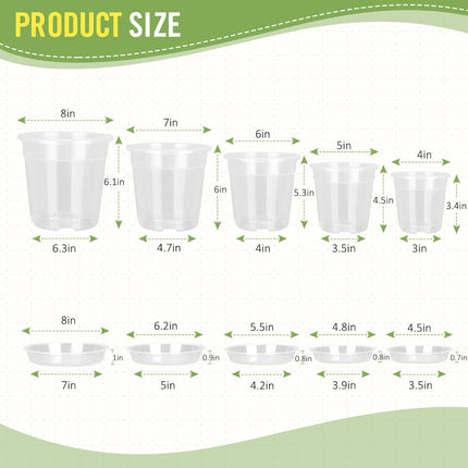 8/7/6/5/4 Inch Clear Nursery Pots with Drainage and Saucers, 10 Pack Clear Pots for Plants, Nursery Pots for Flowers, Succulents Outdoor Indoor