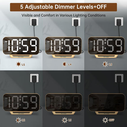 Slim Digital Mirror Aesthetic Alarm Clock for Bedrooms Desk Decor - Plug in Electric Big LED Modern Small Clock for Office Living Room, Battery Backup, 6 Dimmers (Gold)