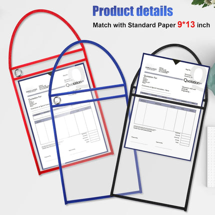 30 Pack Shop Ticket Holders for 9 X 12 Inches Hanging Sleeve Job Ticket Holders with Strap, Both Sides Clear, Black, Red, Blue