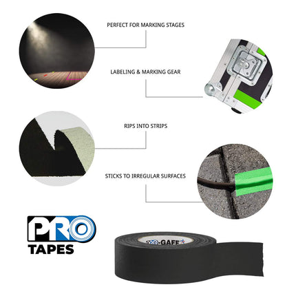1" Width tapes  Gaff Premium Matte Cloth Gaffer'S Tape with Rubber Adhesive, 11 Mils Thick, 55 Yds Length, Black (Pack of 1)