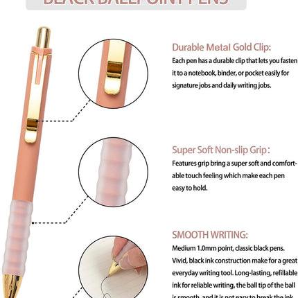Ballpoint Pens Black Medium Point 1Mm Pen with Super Soft Grip Ball Point Pen for Men Women Retractable Pens (Gold-12 Pcs)