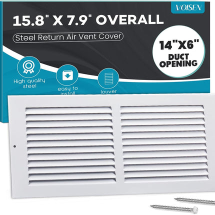 Return Air Grille,Fits 14X6 Duct Opening,Steel Return Vent Cover, White Vent Cover Grill for Sidewall and Ceiling,Havc Cold Air Return Vent Cover,Overall Size:15.8"W X 7.9"H