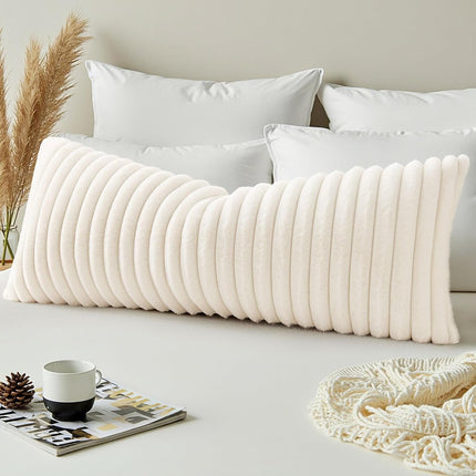 Summer Cozy Faux Fur Throw Pillow Covers 14X36 Pack of 1 Decorative Soft Plush Striped Lumbar Modern Farmhouse Boho Couch Pillow Cases with Velvet Back for Sofa Bed Living Room, Cream White