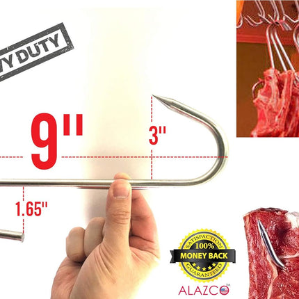 4Pc 9" Heavy Duty & Thick Stainless Steel Meat Processing Butcher Hook - Wild Game, Smoking Ribs BBQ Large Fish, Hunting, Carcass Deer Hanging S-Hook Excellent Quality 9Mm Thick