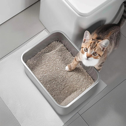 Stainless Steel Cat Litter Box for Big Cats,Small Stainless Steel,Large Metal Cat Litter Box-Easy to Clean.(17.5" L X 13.6" W X 4.1" H).