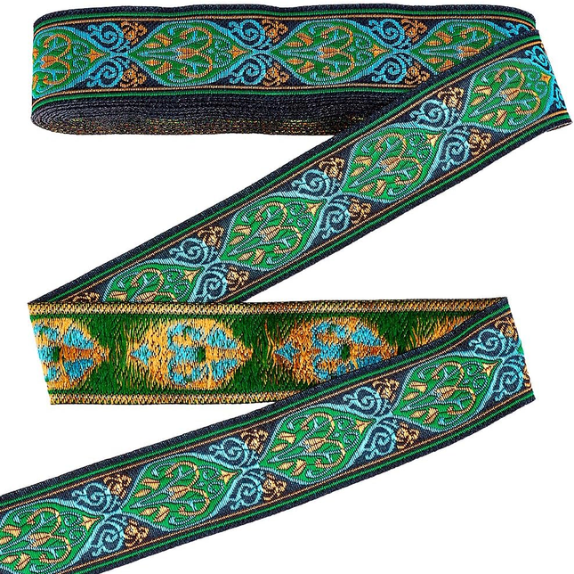 7.7 Yards Vintage Jacquard Ribbon Ethnic Embroidered Ribbon 1.3 Inch Wide Boho Ribbons Floral Woven Trim Green Fabric Trim for Sewing Clothes Crafting Bags Wedding Home Decor