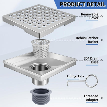 Square Shower Drain, 304 Stainless Steel 4 Inch Shower Floor Bathroom Shower Drain with CUPC Certified, Brushed Nickel 4'' Square Floor Drain, for Bathroom Toilet Washroom Drain Water