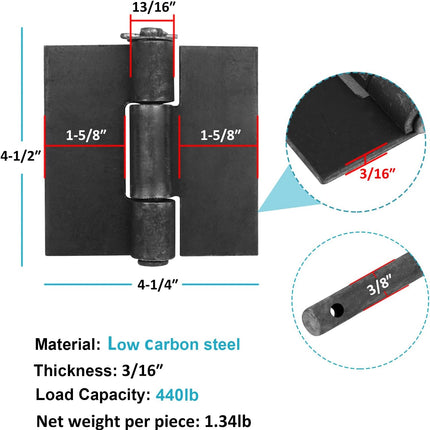 4 Pack Weldable Hinges, 4-1/2" X 4-1/4" Heavy Duty Steel Weld on Hinges for Metal Gate, Trailer Ramp Door, 3/16" Thick