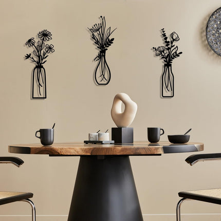 3 Pieces Metal Flowers Wall Arts - Rustic Farmhouse Decor Black Minimalist Flower Wall Decors for Living Room Bathroom Bedroom Dining Room - Housewarming Gifts(Black, Vase-C)