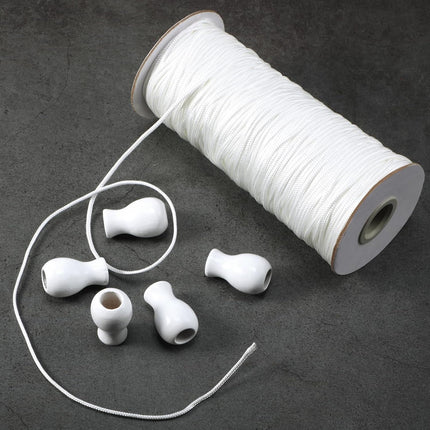 110 Yards Blind Cord 1.8 Mm Braided Lift Shade Curtain String and 12 Pieces Wood Blind Pull Cord Knobs for Roman Shade Kit, Curtain Craft(White)