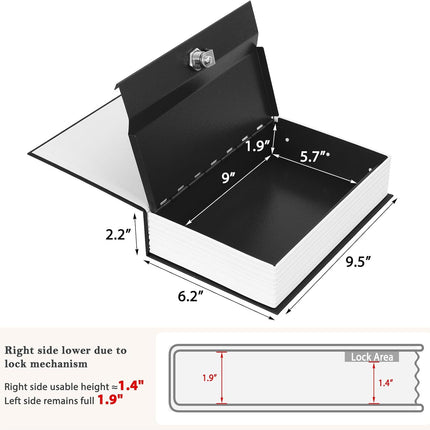 Diversion Book Safe with Key Lock, Secret Safe Metal Lock Box, Money Storage Collection Box, 9.5" X 6.2" X 2.2", Black Large