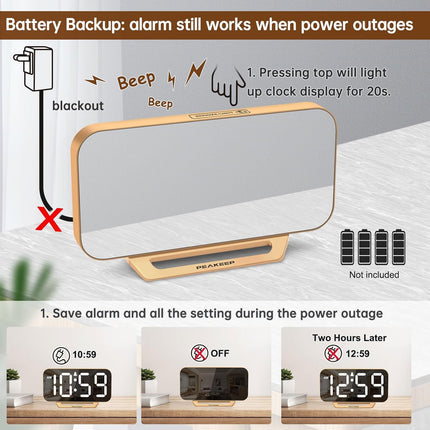 Slim Digital Mirror Aesthetic Alarm Clock for Bedrooms Desk Decor - Plug in Electric Big LED Modern Small Clock for Office Living Room, Battery Backup, 6 Dimmers (Gold)