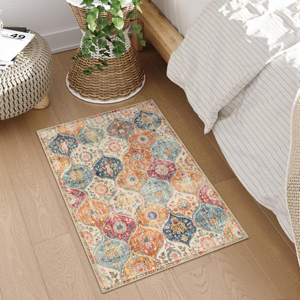 Moroccan Trellis Washable Rug, 2X3 Kitchen Rugs for Entryway Bathroom, Non-Slip Indoor Door Mat Ultra-Thin, Small Oriental Throw Carpet for Bedroom Entry Elise, Cream/Multi