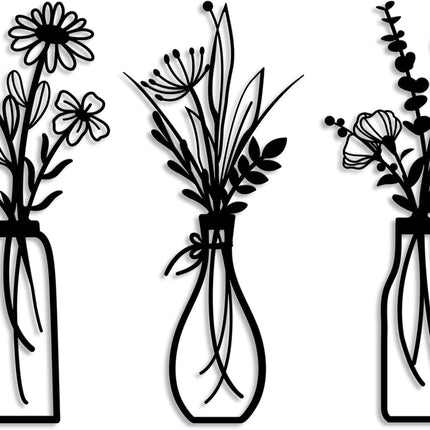 3 Pieces Metal Flowers Wall Arts - Rustic Farmhouse Decor Black Minimalist Flower Wall Decors for Living Room Bathroom Bedroom Dining Room - Housewarming Gifts(Black, Vase-C)