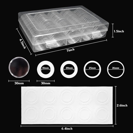 100 Pack 30Mm Coin Capsules with White Protect Gasket and Plastic Storage Organizer Box for Coin Collection Supplies, Clear and round Plastic Capsules, Fits 17/20/25/27/30Mm Size Coins