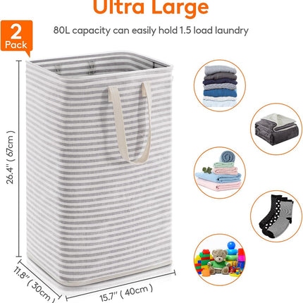 2 Pack Laundry Basket 80L Each, Collapsible Clothes Hamper with Reinforced Handles, Freestanding Waterproof Design for Bedroom and Laundry Room, Grey 160L Total