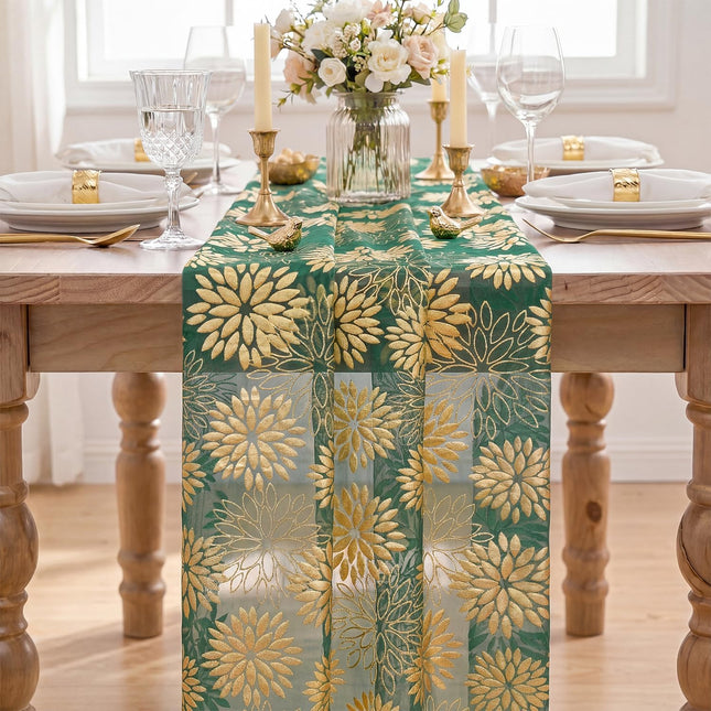 Green Gold Dahlia Flower Gauze Table Runner 120 Inch 10FT, Glitter Metallic Foil Seasonal Sheer Dining Holiday Table Decor for Home Party