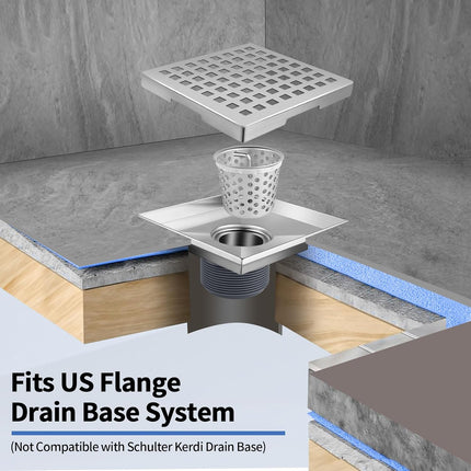 Square Shower Drain, 304 Stainless Steel 4 Inch Shower Floor Bathroom Shower Drain with CUPC Certified, Brushed Nickel 4'' Square Floor Drain, for Bathroom Toilet Washroom Drain Water