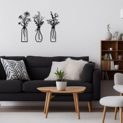 3 Pieces Metal Flowers Wall Arts - Rustic Farmhouse Decor Black Minimalist Flower Wall Decors for Living Room Bathroom Bedroom Dining Room - Housewarming Gifts(Black, Vase-C)
