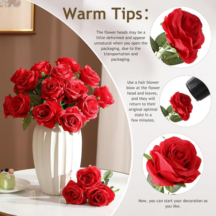 40PCS Red Roses Artificial Flowers - Long Stem Fake Roses Bouquet Silk Red Flowers Artificial Rose for Wedding Centerpiece Home Decor & Valentines Floral Arrangement