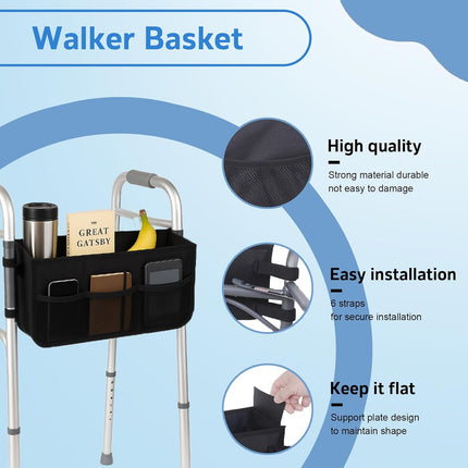 Walker Basket - Foldable Walker Bag with Cup Holder - Fits Folding Walkers - Ideal Walker Accessories for Seniors with Limited Mobility to Carry Water Bottles, Books, Essentials & More