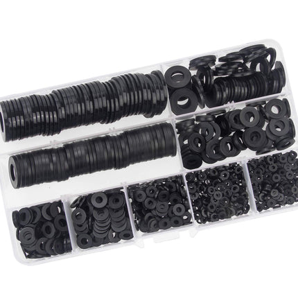 Nylon Flat Washer Assortment Set 600 Pieces, 9 Sizes - M2 M2.5 M3 M4 M5 M6 M8 M10 M12, Black