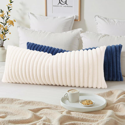 Summer Cozy Faux Fur Throw Pillow Covers 14X36 Pack of 1 Decorative Soft Plush Striped Lumbar Modern Farmhouse Boho Couch Pillow Cases with Velvet Back for Sofa Bed Living Room, Cream White