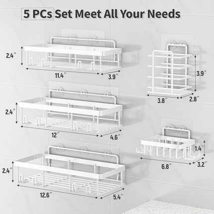 5 Pack Shower Caddy Organizer Rack Shelf for inside Shower, Self Adhesive Wall Storage Basket Rustproof Stainless Steel Shampoo Holder Bathroom Accessory Decor Set, White