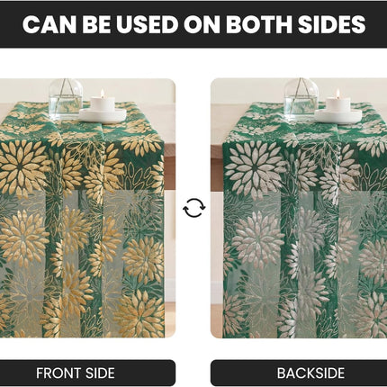 Green Gold Dahlia Flower Gauze Table Runner 120 Inch 10FT, Glitter Metallic Foil Seasonal Sheer Dining Holiday Table Decor for Home Party