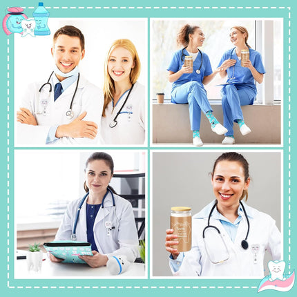 6 Pcs Nurse Week Appreciation Gifts Dentist Hygienist Gifts 16 Oz Glass Cups with Lid Makeup Bag Socks Badge Holder Tooth Brush Pot for Women Doctor Nurse Appreciation Accessories(Blue)