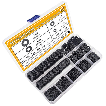 Nylon Flat Washer Assortment Set 600 Pieces, 9 Sizes - M2 M2.5 M3 M4 M5 M6 M8 M10 M12, Black