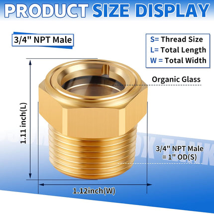 3/4 NPT Air Compressor Oil Sight Glass, Male Hex Head Compresssor Oil Sight Glass, Heavy Duty Solid Brass Oil Sight Glass Liquid Level Gauge Oil Indicator Window for Air Compressor Gearbox Tank