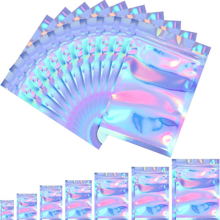 100 Pieces Resealable Foil Proof Bags Scent Proof Flat Pouch Clear Smell Sealable Packing Bags Iridescent for Food Storage Snack Jewelry(3 X 4 Inches,Holographic Color)