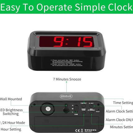 Alarm Clock, LED Digital Clock, Small Wall Clock, Battery Operated, Adjustable 3-Level Led Brightness, Dim Night Mode, 12/24Hr, Cordless, Constantly 1.2'' Digits Display for Bedroom/Travel,Easy to Set