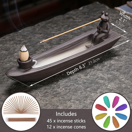 Frog Incense Holder Waterfall - Ceramic Cone Backflow Incense Burner Smoke Fountain, Back Flowing Incense Diffuser with 45 Sticks & 12 Cones, Frog Ornament for Aromatherapy/Yoga/Home Decor