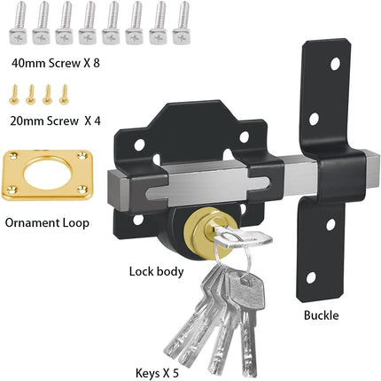 Barn Door Lock, Fence Gate Lock, Double Sided Gate Latch, Gate Lock for Wodden Garage Door, Supplied with 5 Keys, Work with 2.75" Wooden Vinyl Metal Gate, for Right & Left Door
