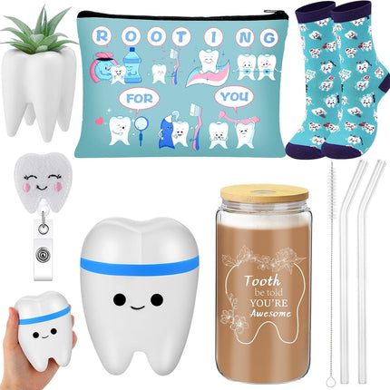 6 Pcs Nurse Week Appreciation Gifts Dentist Hygienist Gifts 16 Oz Glass Cups with Lid Makeup Bag Socks Badge Holder Tooth Brush Pot for Women Doctor Nurse Appreciation Accessories(Blue)