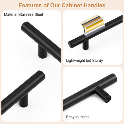 30 Pack Hole Centers 3-3/4Inch Matte Black Kitchen Cabinet Handles, Stainless Steel Dresser Drawer Pulls, Modern T Bar 6Inch Length Pull Handle for Closet