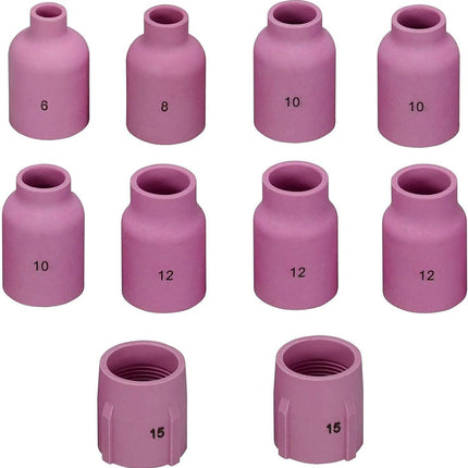 TIG Gas Lens Alumina Nozzle Ceramic Cup Jumbo Large Diameter 53N87 12# 3/4" 53N88 5/8" #10 53N89 15/16" #15 57N74 1/2" #8 57N75 3/8" #6 for SR WP 9 17 18 20 25 26 TIG Welding Torch 10Pcs